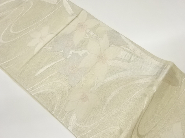 流水に水仙模様織出し袋帯